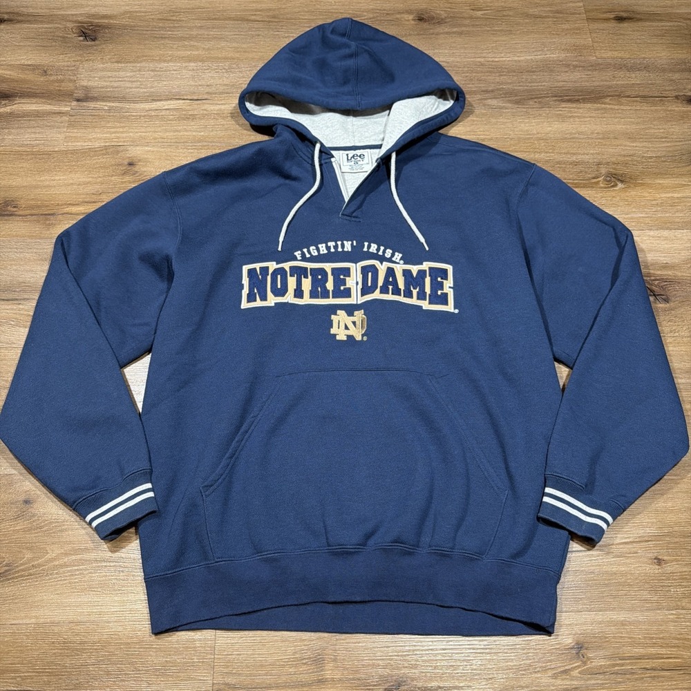 Vintage‎ Notre Dame Lee Sport Hoodie Men's Size LARGE Zip Neck Navy Gold